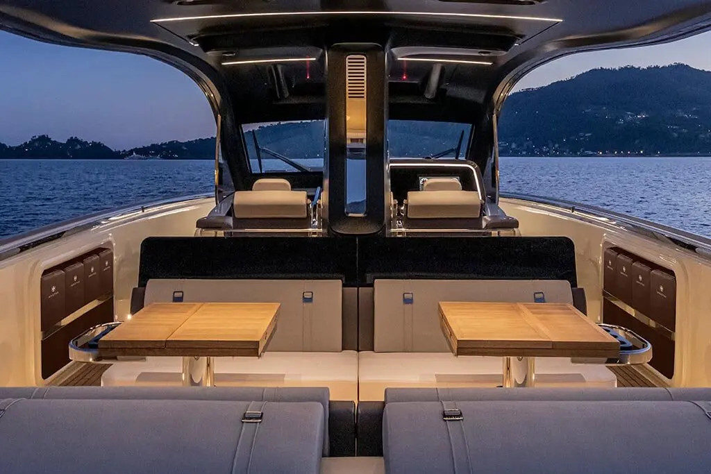 Invictus 460, master cabin — Priveo Yachts, Europe. Fast lines, open deck, one bright day