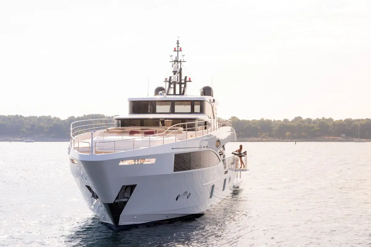 Majesty 100, exterior — Priveo Yachts, Europe. Five cabins, one coastline, twelve guests at ease