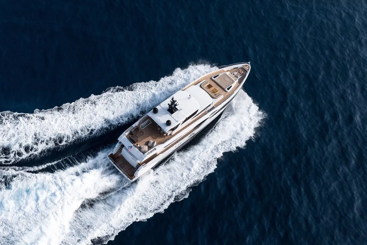 Majesty 100, main deck — Priveo Yachts, Europe. Five cabins, one coastline, twelve guests at ease