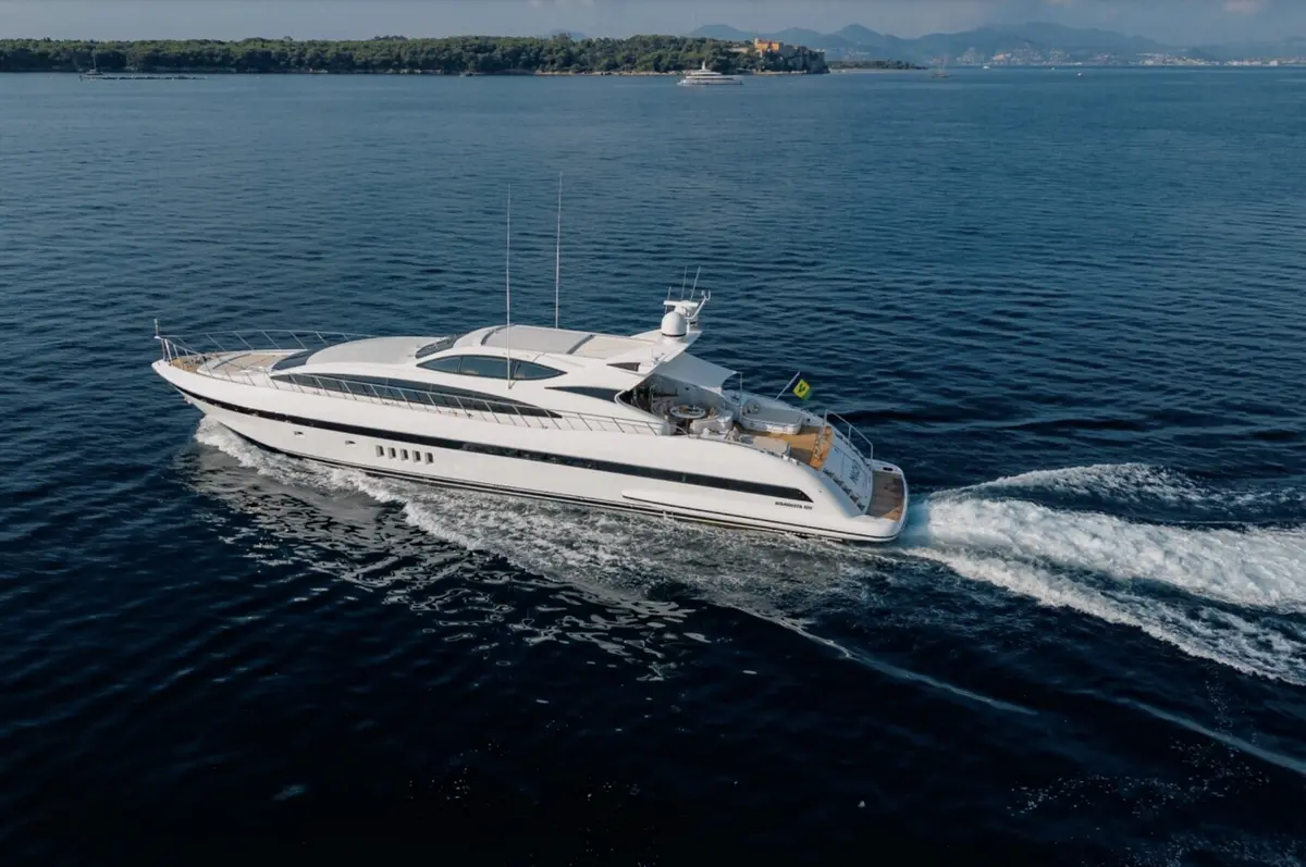 Mangusta 105, aft deck — Priveo Yachts, Europe. Fast, low-slung lines built for coastal days