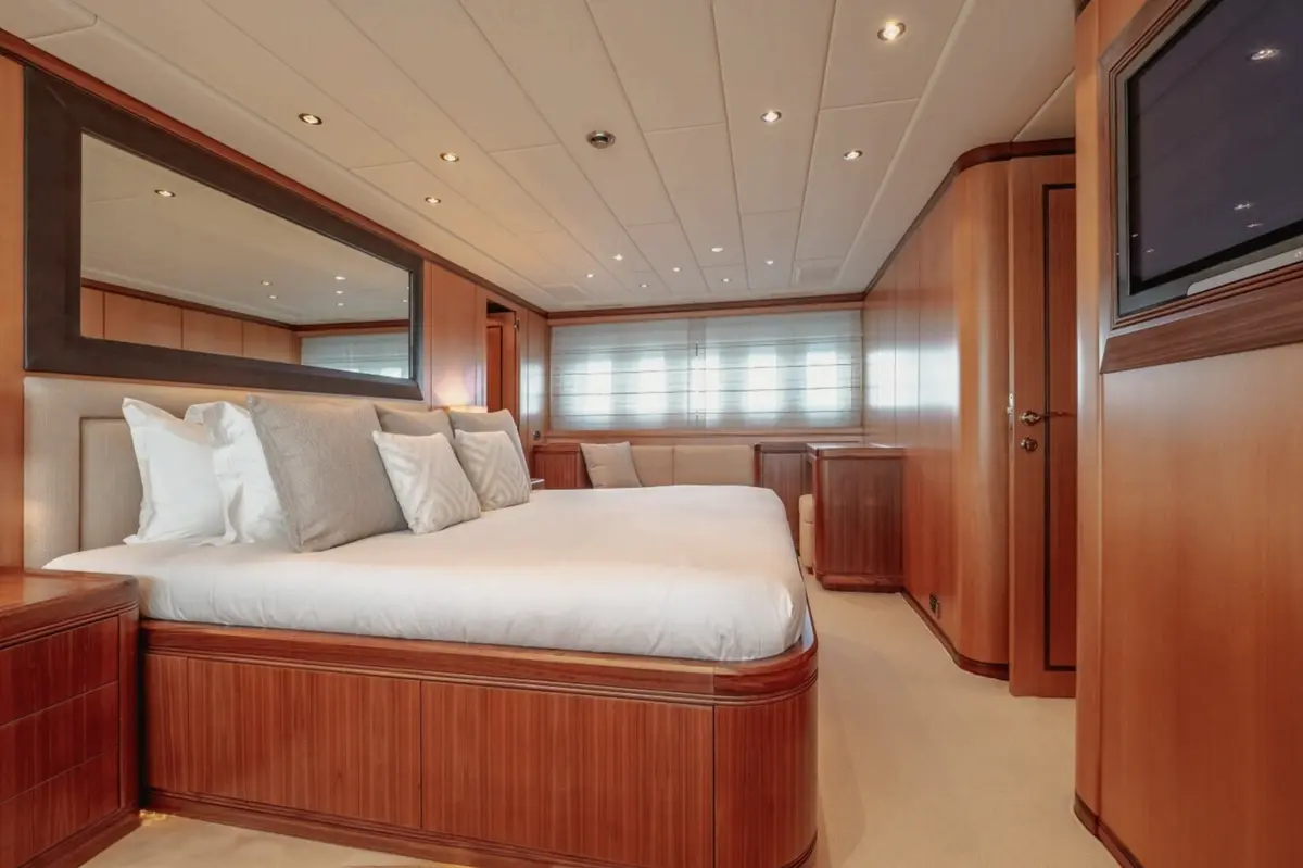 Mangusta 105, master cabin — Priveo Yachts, Europe. Fast, low-slung lines built for coastal days
