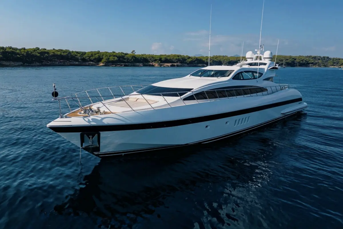 Mangusta 105, flybridge — Priveo Yachts, Europe. Fast, low-slung lines built for coastal days