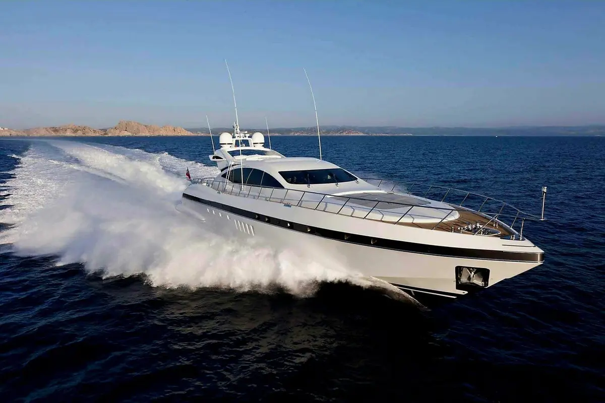 Mangusta 92, exterior — Priveo Yachts, Europe. Fast lines, open deck, one strong day at sea