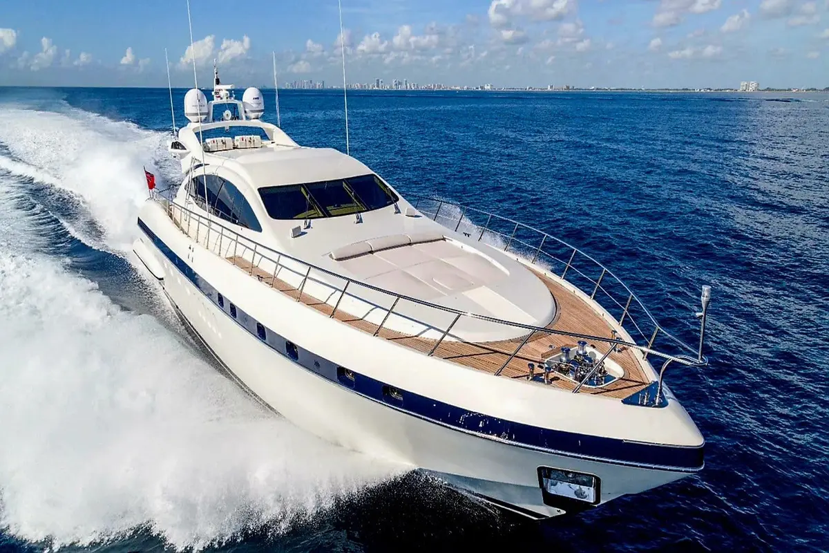Mangusta 92, main deck — Priveo Yachts, Europe. Fast lines, open deck, one strong day at sea