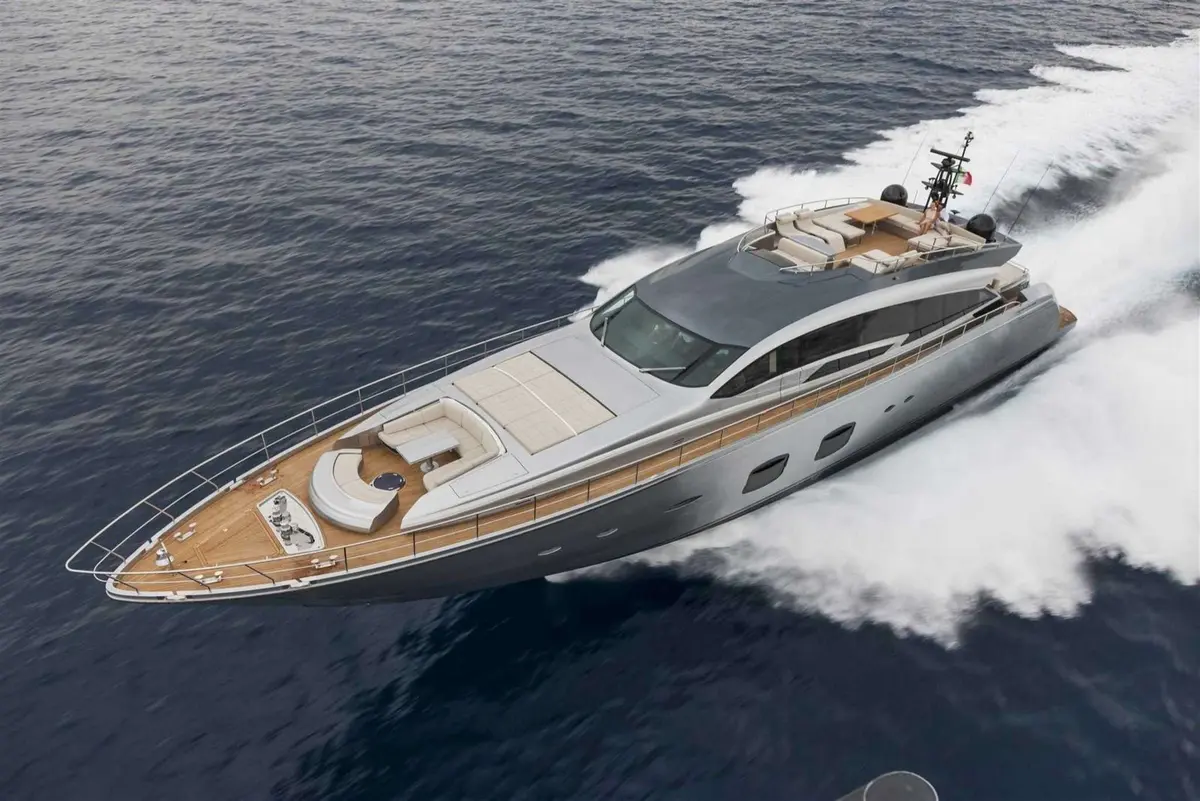 Pershing 108, aft deck — Priveo Yachts, Europe. Sleek Italian speed for open coastline days