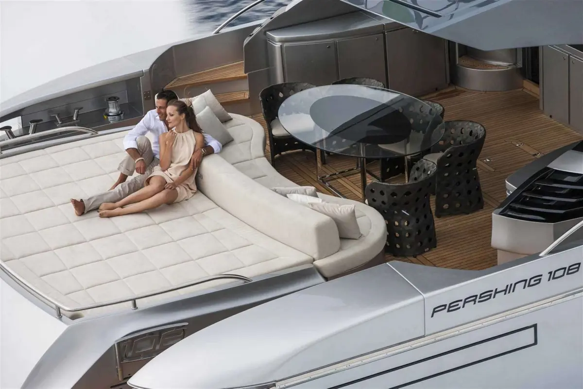 Pershing 108, flybridge — Priveo Yachts, Europe. Sleek Italian speed for open coastline days