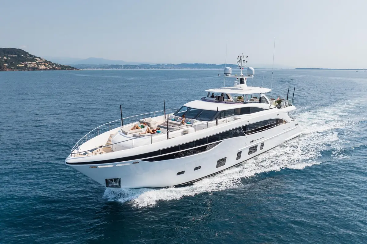 Princess 35M, master cabin — Priveo Yachts, Europe. Wide decks and four cabins for coastal cruising