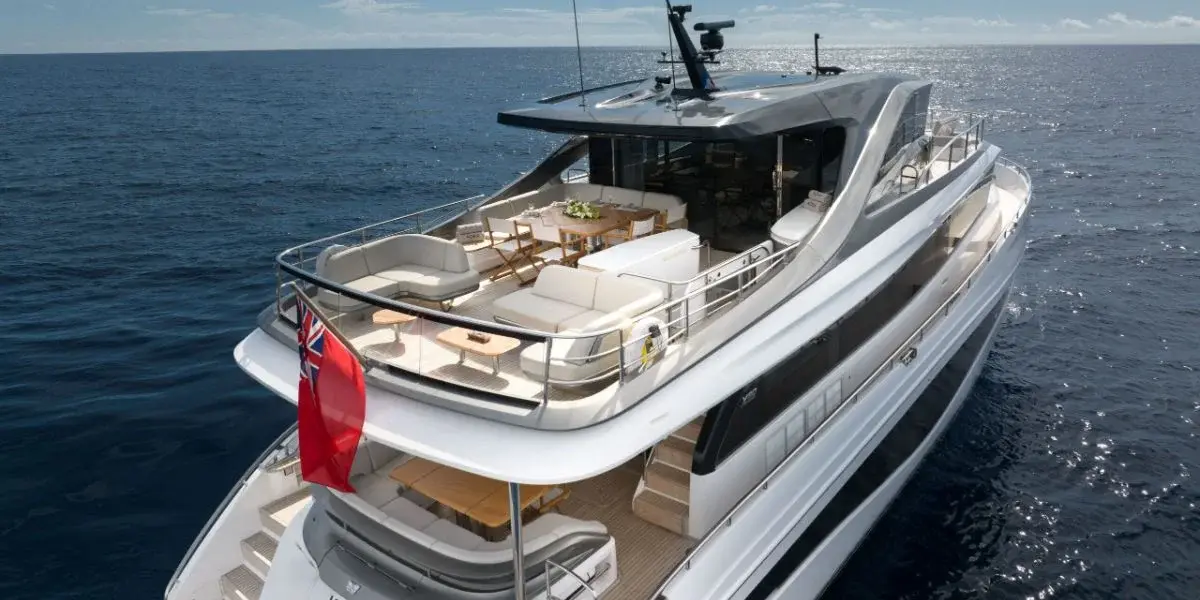 Princess Y80, main deck — Priveo Yachts, Europe. Five cabins and open decks for coastal weeks