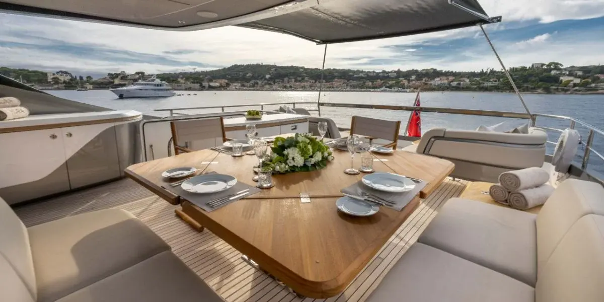Princess Y80, flybridge — Priveo Yachts, Europe. Five cabins and open decks for coastal weeks