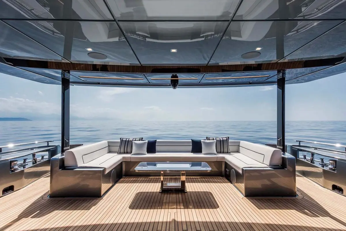 Riva 110, salon — Priveo Yachts, Europe. A low sculpted hull built for coastal speed