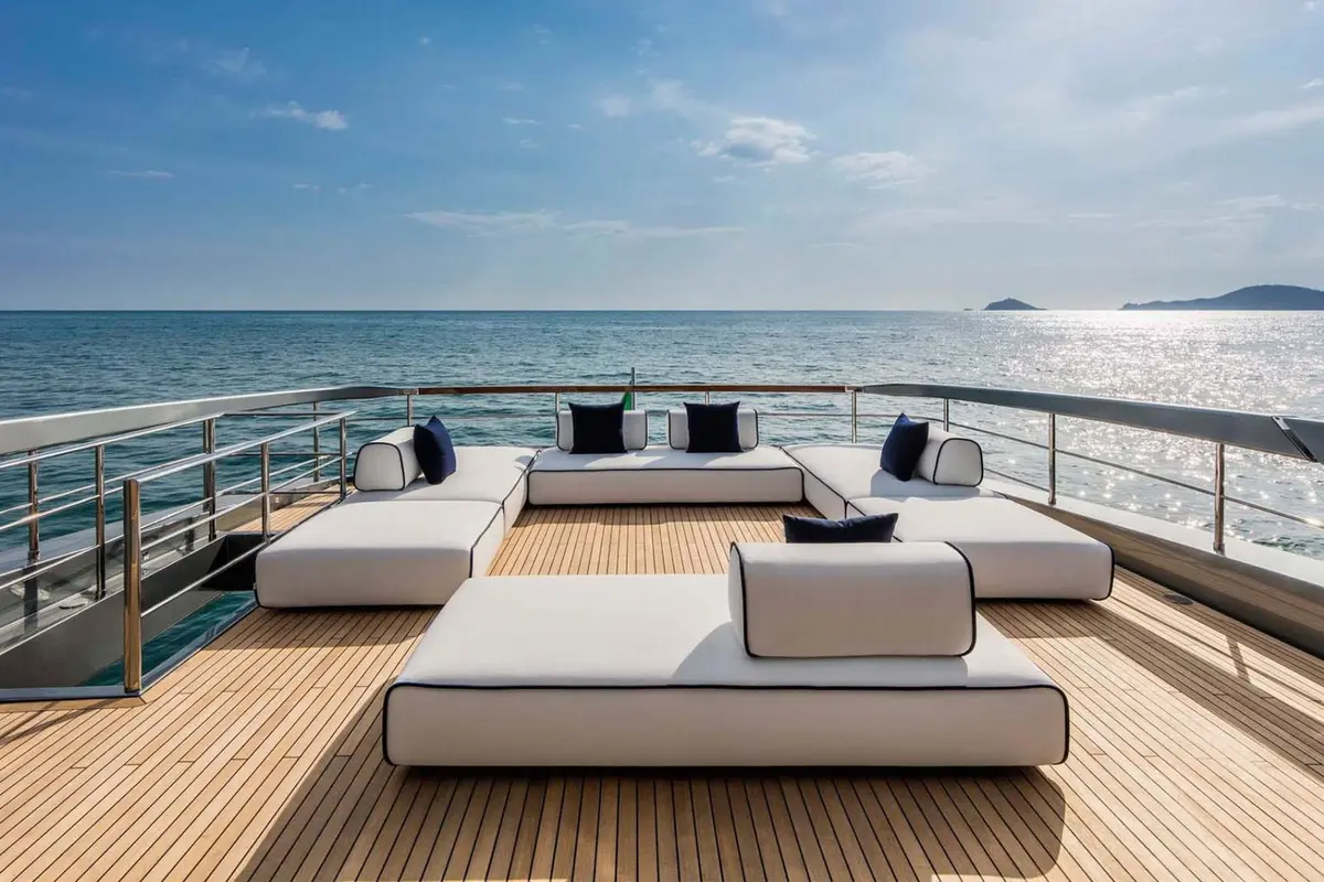 Riva 110, master cabin — Priveo Yachts, Europe. A low sculpted hull built for coastal speed