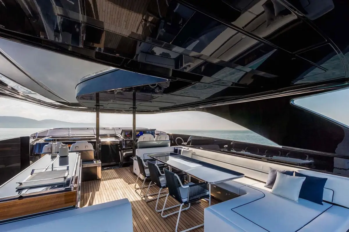 Riva 110, flybridge — Priveo Yachts, Europe. A low sculpted hull built for coastal speed