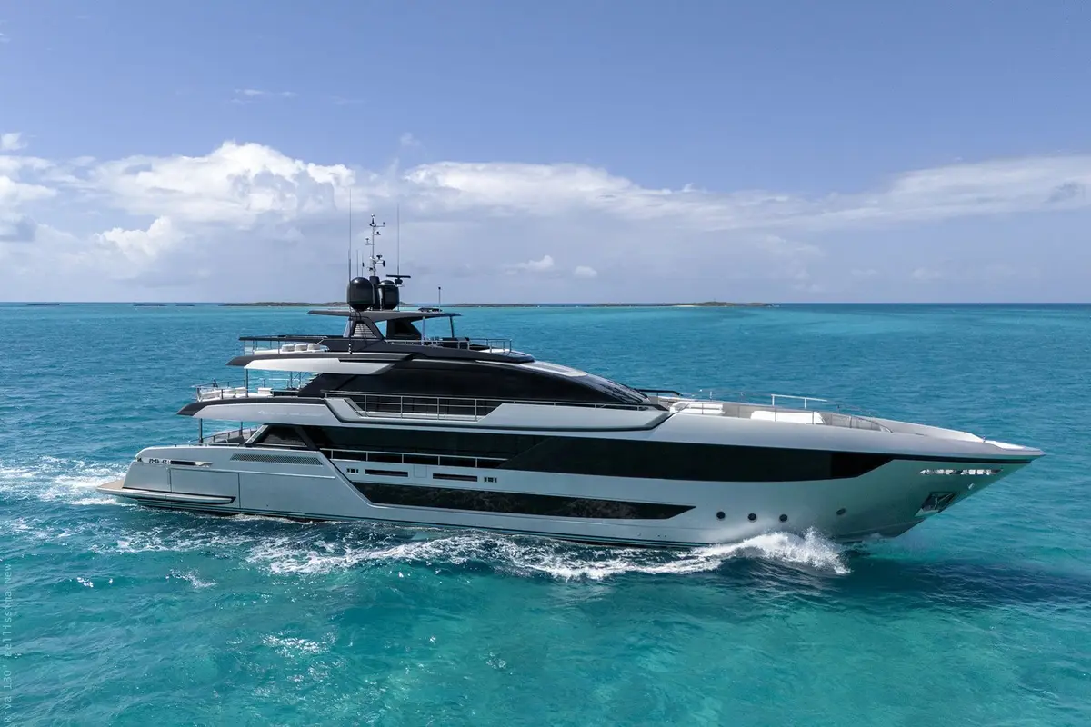 Riva 130, exterior — Priveo Yachts, Europe. Wide teak decks and five staterooms for close groups