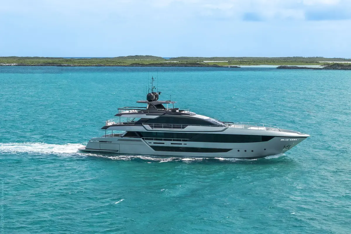 Riva 130, master cabin — Priveo Yachts, Europe. Wide teak decks and five staterooms for close groups