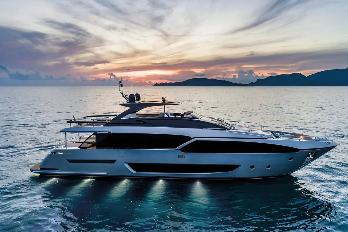Riva 90, main deck — Priveo Yachts, Europe. A low, sculpted hull built for fast coastal days
