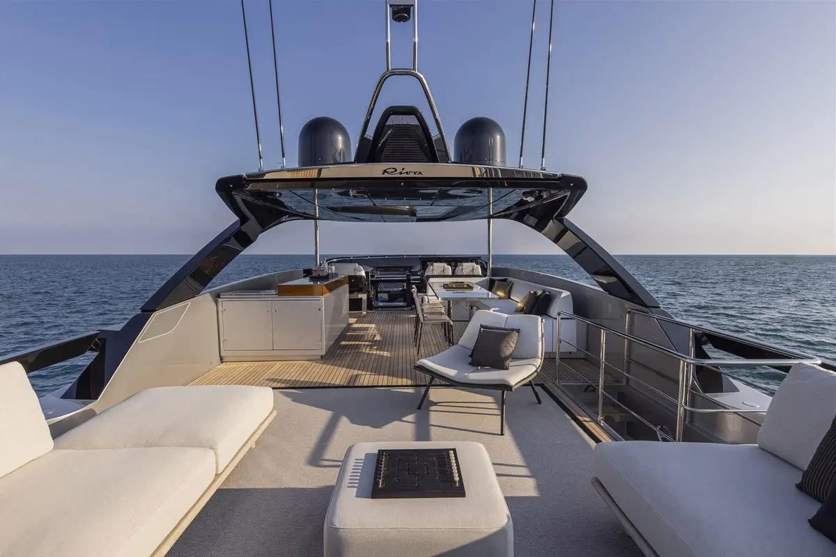 Riva 90, flybridge — Priveo Yachts, Europe. A low, sculpted hull built for fast coastal days
