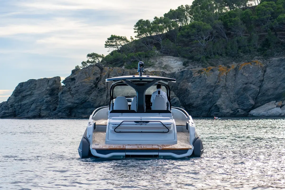 Sacs 47, aft deck — Priveo Yachts, Europe. Quick coastal hops for ten, no wasted time