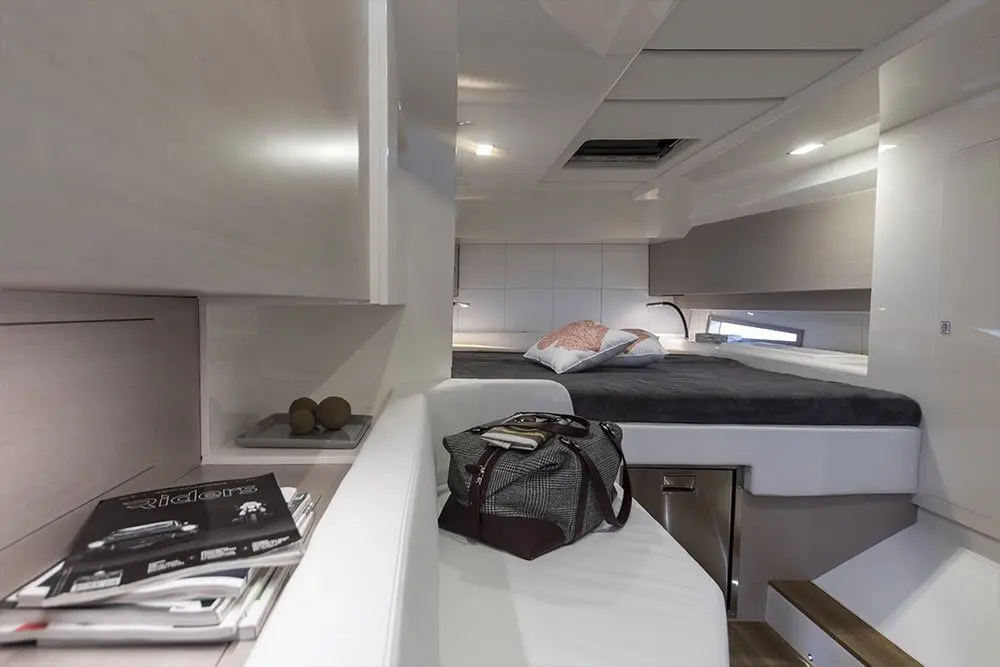 Sacs 47, master cabin — Priveo Yachts, Europe. Quick coastal hops for ten, no wasted time