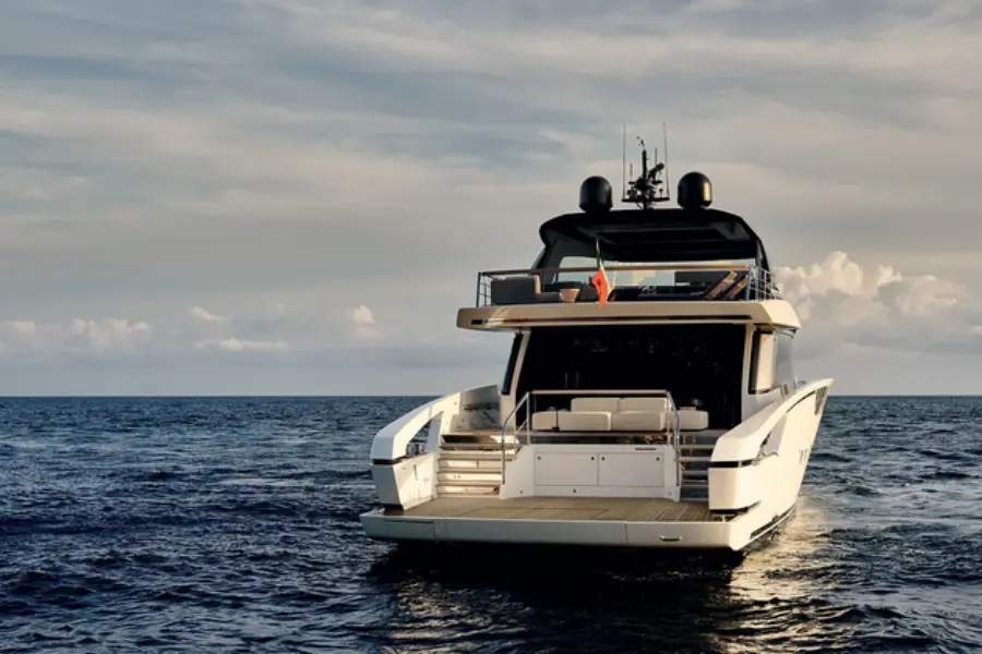 Sanlorenzo 112, aft deck — Priveo Yachts, Europe. Low-slung Italian lines built for coastal running days
