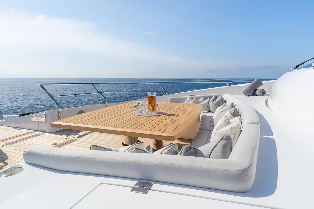 Thumper, flybridge — Priveo Yachts, Europe. Forty metres of unhurried Mediterranean coastline running