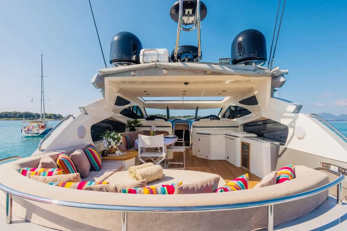 Sunseeker Predator 68, aft deck — Priveo Yachts, Europe. Fast coastal runs and swim stops for twelve