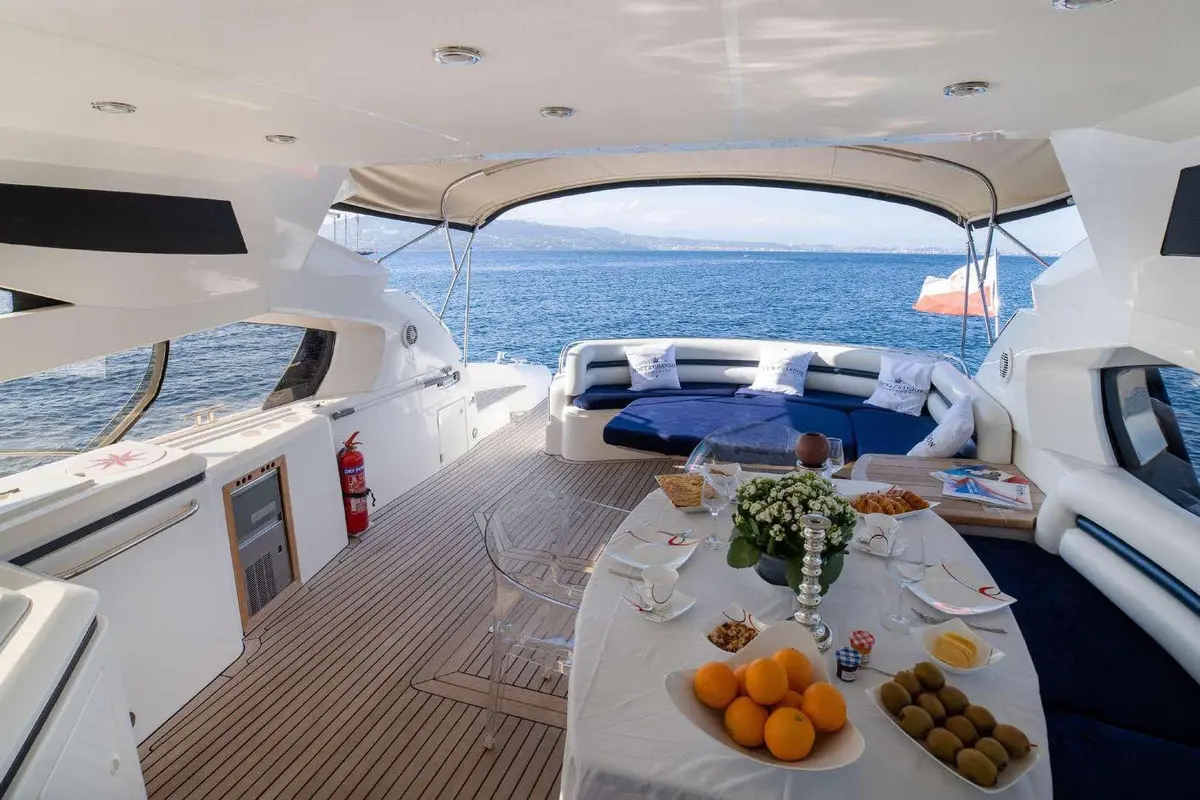 Sunseeker Predator 68, master cabin — Priveo Yachts, Europe. Fast coastal runs and swim stops for twelve