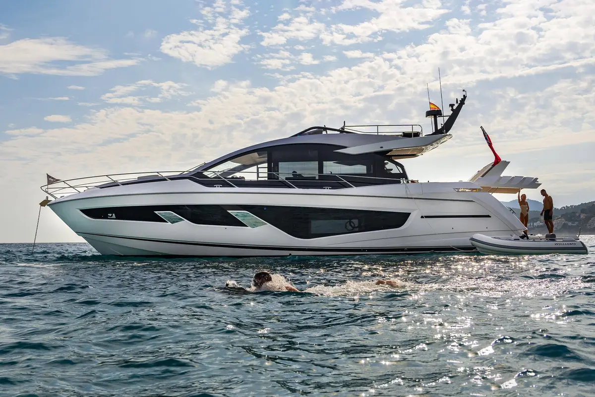 Sunseeker 65 Sport, exterior — Priveo Yachts, Europe. A fast, low-slung sport yacht for close-knit coastal days