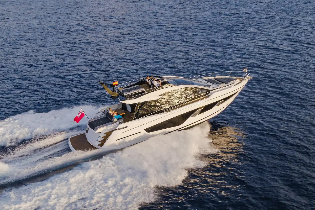 Sunseeker 65 Sport, aft deck — Priveo Yachts, Europe. A fast, low-slung sport yacht for close-knit coastal days