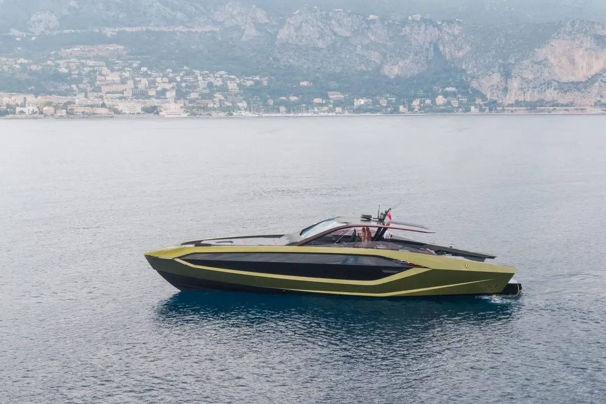 Lamborghini 63, aft deck — Priveo Yachts, Europe. Carbon-hull speed built for fast coastal day trips